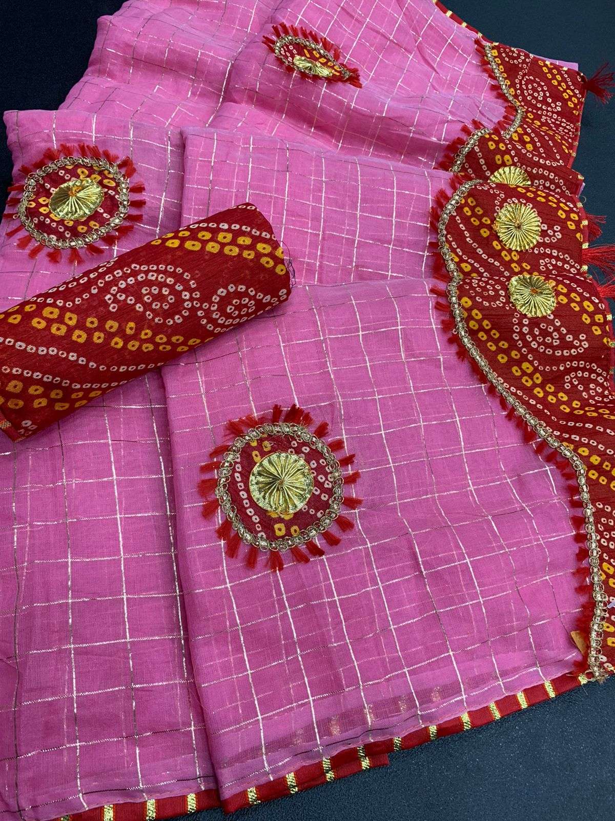 COTTON WITH ZARI CHEX  WITH BANDHANI BORDER TRADITIONAL LOOK SAREE COLLECTION 07