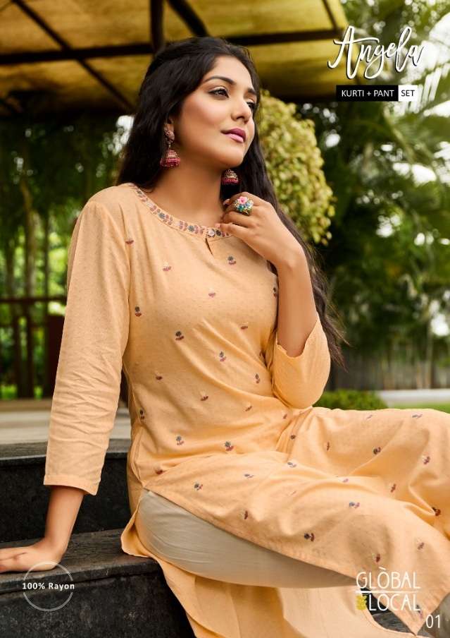 Global Local Angela Rayon With Embroidery Work Kurti With Pant Collection