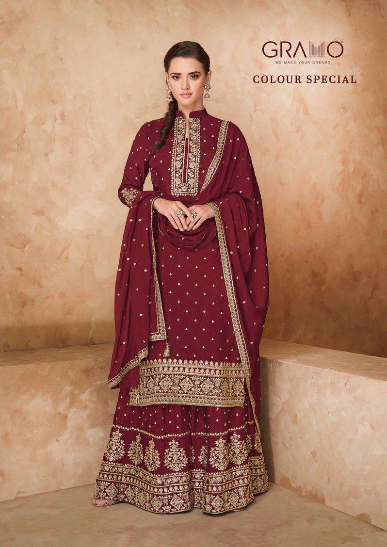 Gramo Colour Special Vol 1 faux georgette With Embroidery work Dress Material collection