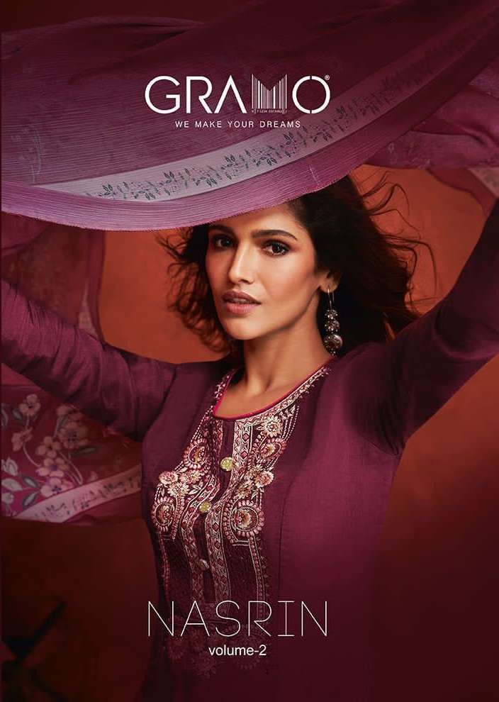 Gramo Nasrin Vol 2 Viscose Upada With Embroidery Work dress Material collection