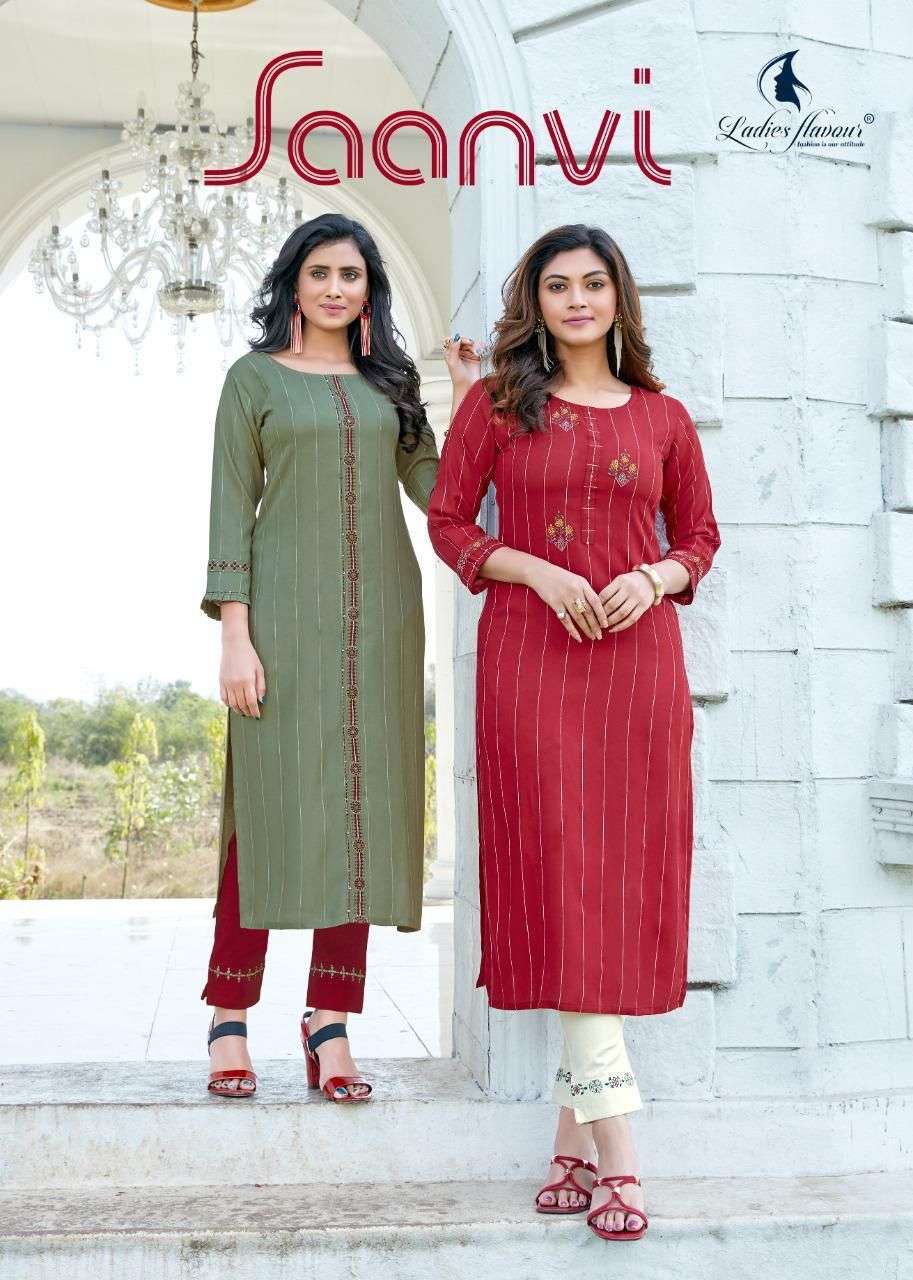 ladies Flavour Saanvi Rayon Weaving Strips Embroidery Work Kurti With Bottom Collection