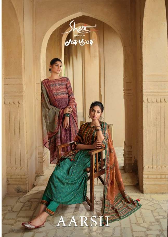 Jay Vijay Shai Aarsh Muslin Silk Digital print Hand Work Dress Material collection