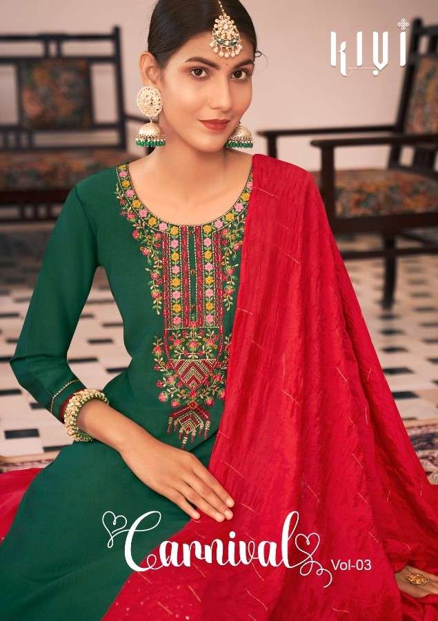 Kessi fabrics Kalaroop Kivi Carnival Vol 3 Lining Silk With Embroidery Work readymade Suits Collection
