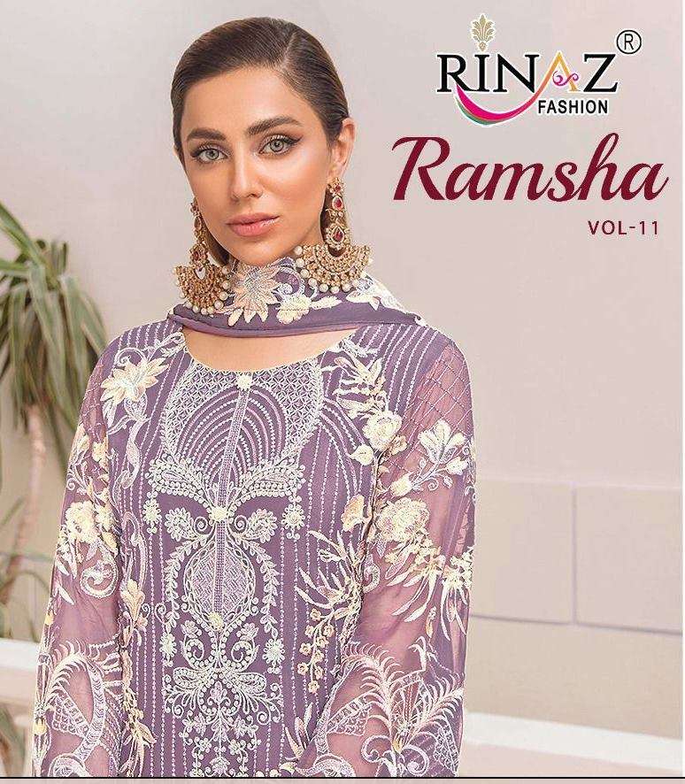 Rinaz fashion Ramsha Vol 11 Faux Georgette With Embroidery Work Pakistani Suits collection