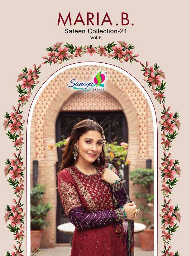 Saniya Trendz maira B Sateen Collection Vol 5 faux georgette with Embroidery Work Pakistani Suits Collection