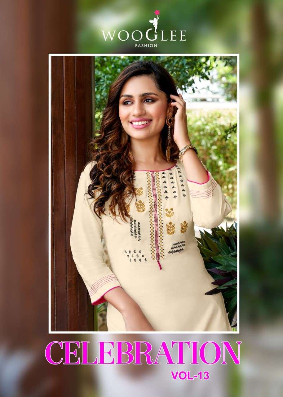 Wooglee Celebration Vol 13 Rayon Embroidery Work Kurti With Pant Collection