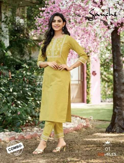 100 miles sanchi linen cotton with embroidery fabrics readymade kurtis with bottom at wholesale Rate 