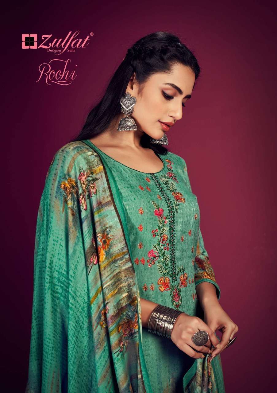 Belliza designer studio zulfat roohi digital printed pashmina with embroidery work dress material collection surat 