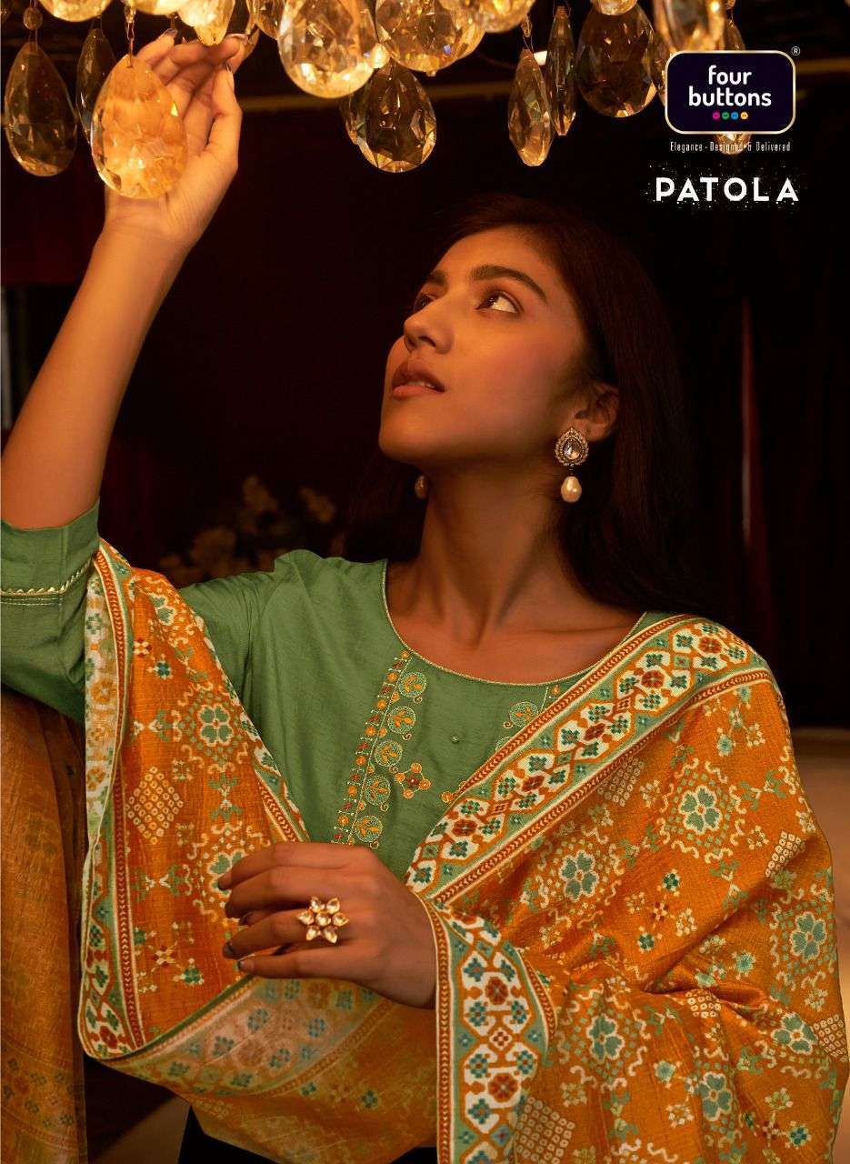 Four Buttons Patola Designer Pure Dola Silk with Embroidery Work Readymade Salwar Kameez Collection
