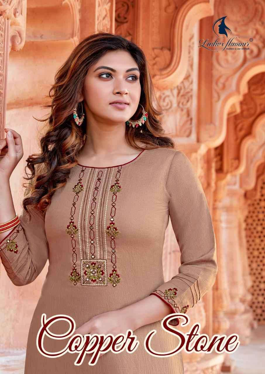 Ladies flavour copper stone nylon viscose with embroidery work readymade kurtis with bottom at wholesale Rate 