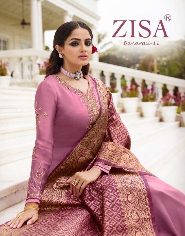 Meera trendz zisa banarasi vol 11 satin georgette with embroidery work dress material at wholesale Rate 