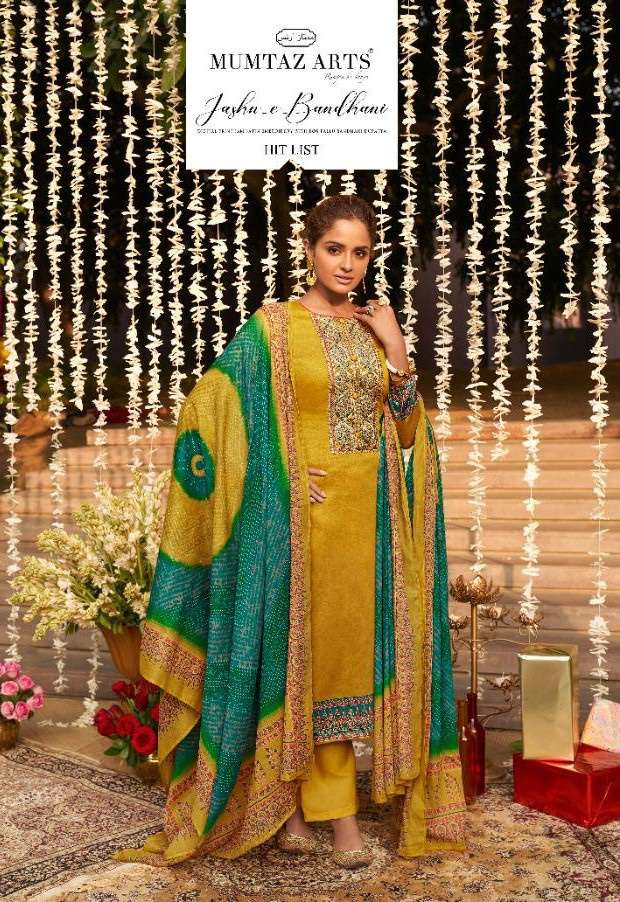 Mumtaz arts jashn e bandhani hit list pure jam satin with embroidery work dress material collection surat