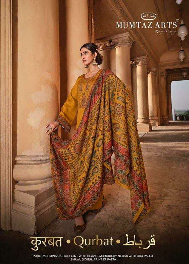Mumtaz Arts Qurbat Printed Pure Pashmina with Neck Embroidery Work Dress Material at Wholesale Rate