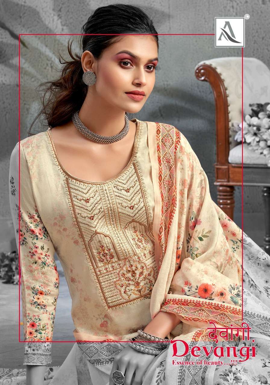Alok suits devangi digital Printed pure jam with thread embroidery work dress material at wholesale Rate 