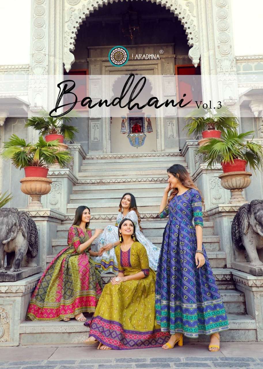Aradhna bandhani vol 3 printed pure cotton with work long flair readymade Anarkali kurtis at Wholesale Rate 