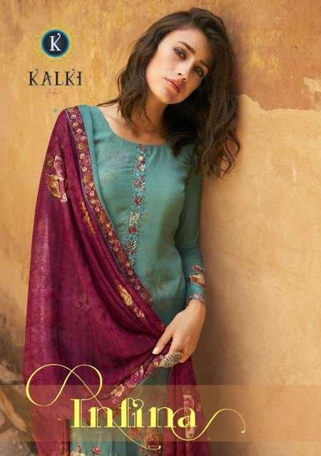 Kalki fashion infina digital Printed pure muslin with embroidery work dress material at wholesale Rate 