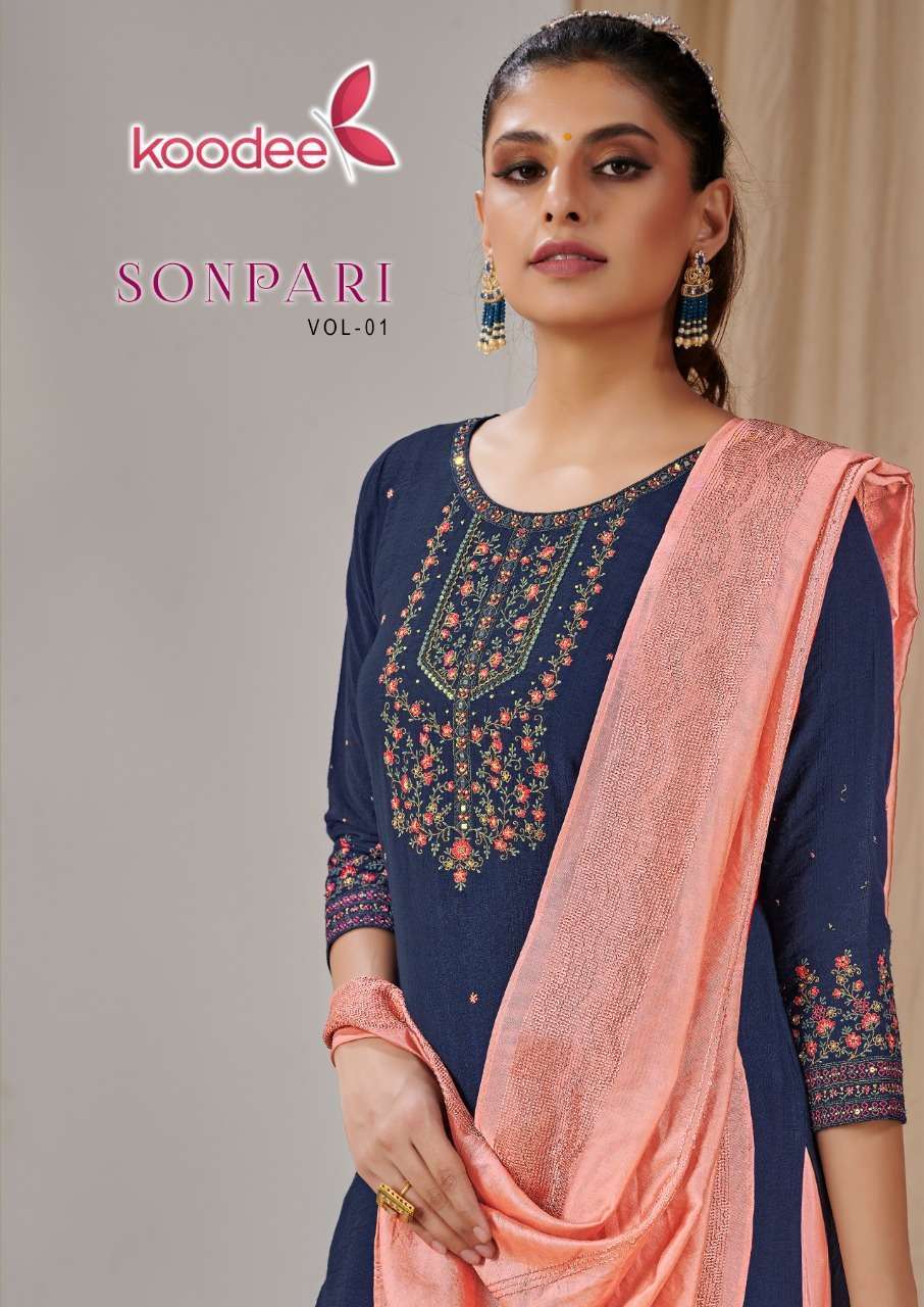 Koodee sonpari vol 1 viscose with khatli embroidery work readymade suits at wholesale Rate 