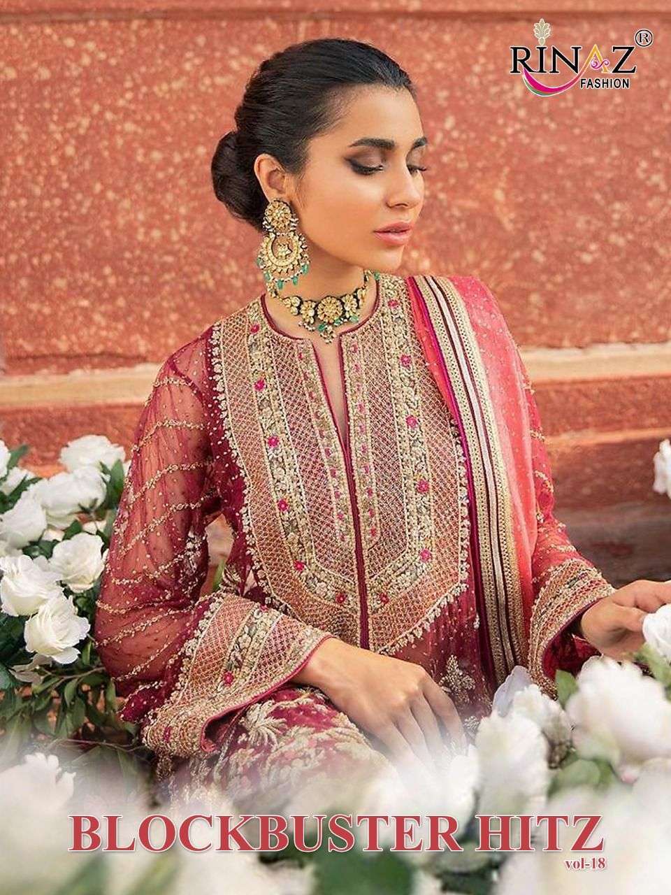 Rinaz fashion blockbuster hitz vol 18 faux georgette with heavy embroidery work pakistani dress material at wholesale Rate 