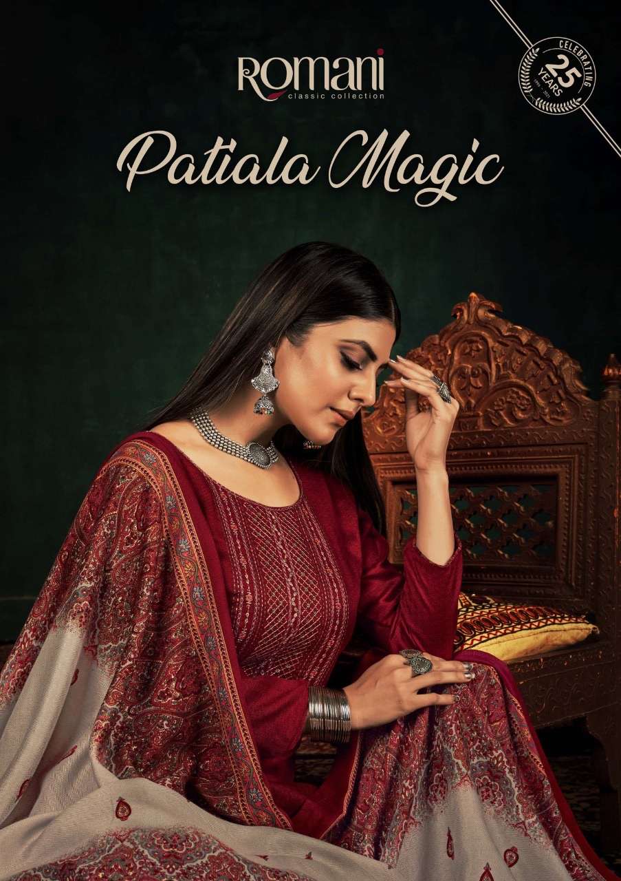 Romani patiala magic printed pashmina with heavy embroidery work dress material at wholesale Rate 