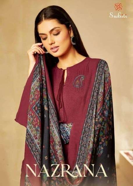 Sahiba sudriti nazrana digital printed pashmina twill with embroidery work dress material at wholesale Rate 