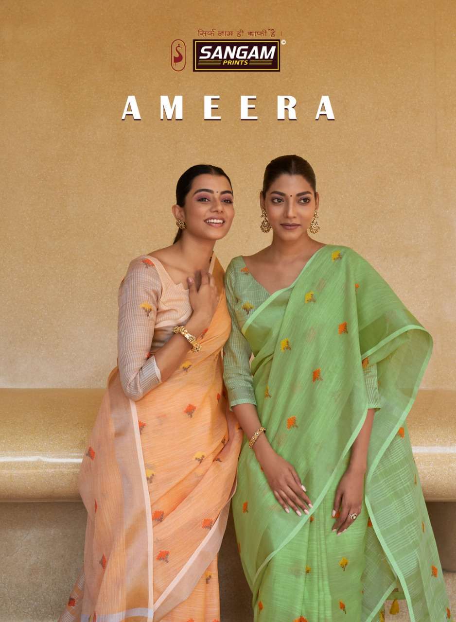 Sangam print ameera linen cotton party wear saree collection
