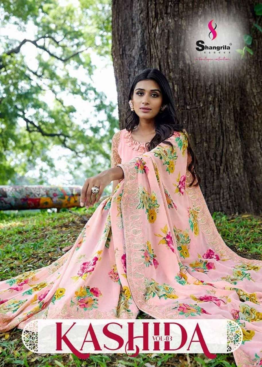Shangrila designer kashida vol 3 floral digital printed weightless sarees at Wholesale Rate 