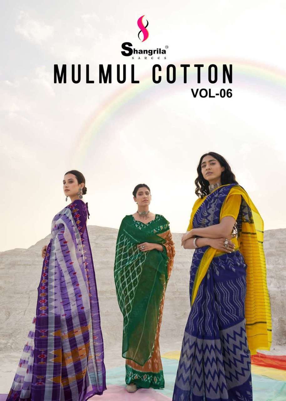 Shangrila designer mulmul cotton vol 6 handloom ikkat printed cotton sarees at wholesale Rate 