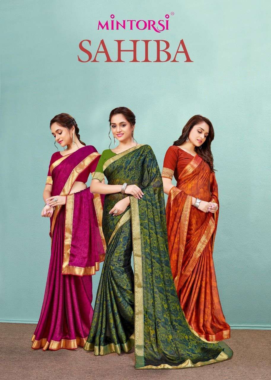Varsiddhi fashion mintorsi sahiba printed soft china chiffon sarees at wholesale Rate 