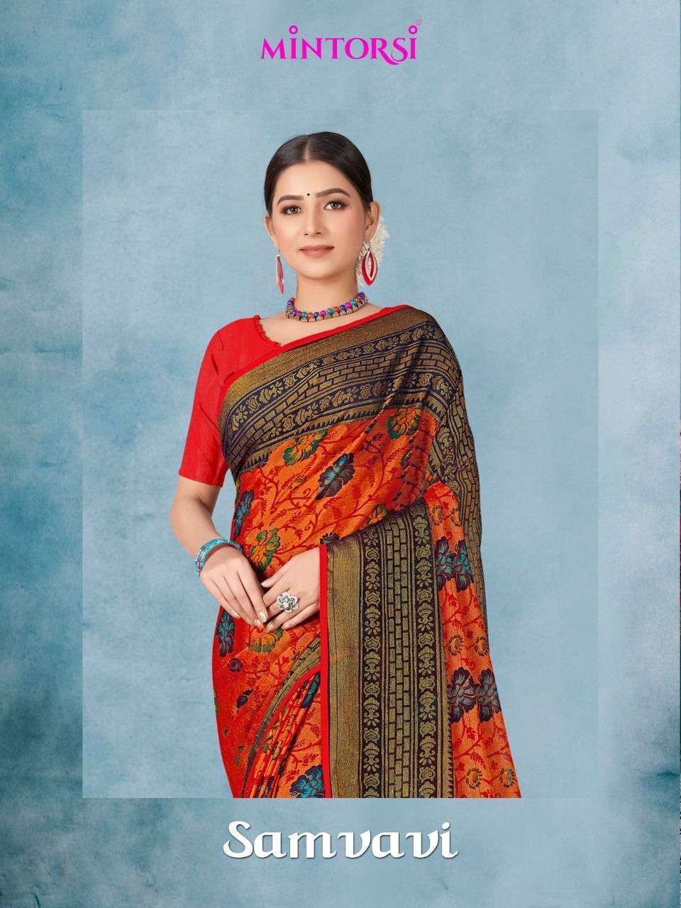 Varsiddhi fashion mintorsi samvavi printed chiffon brasso sarees collection at Wholesale Rate 