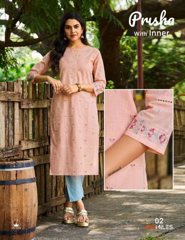 100 Miles Prisha Pure cotton self jacquard with embroidery work Readymade Kurtis at Wholesale Rate