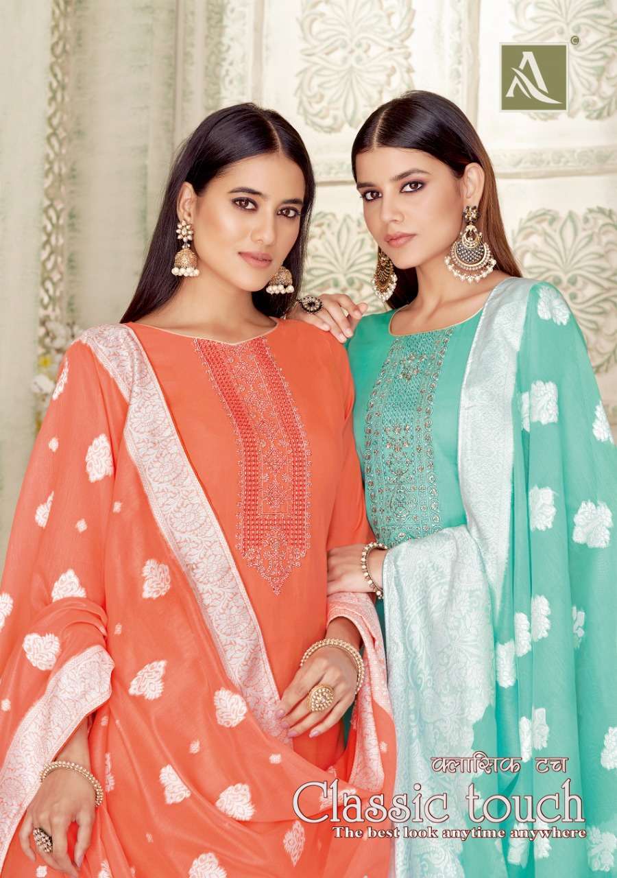 Alok Suits Classic Touch Pure Jam Cotton Dyed With Lucknowi Thread Work & Swarovski Diamond Dress Material Collection Surat