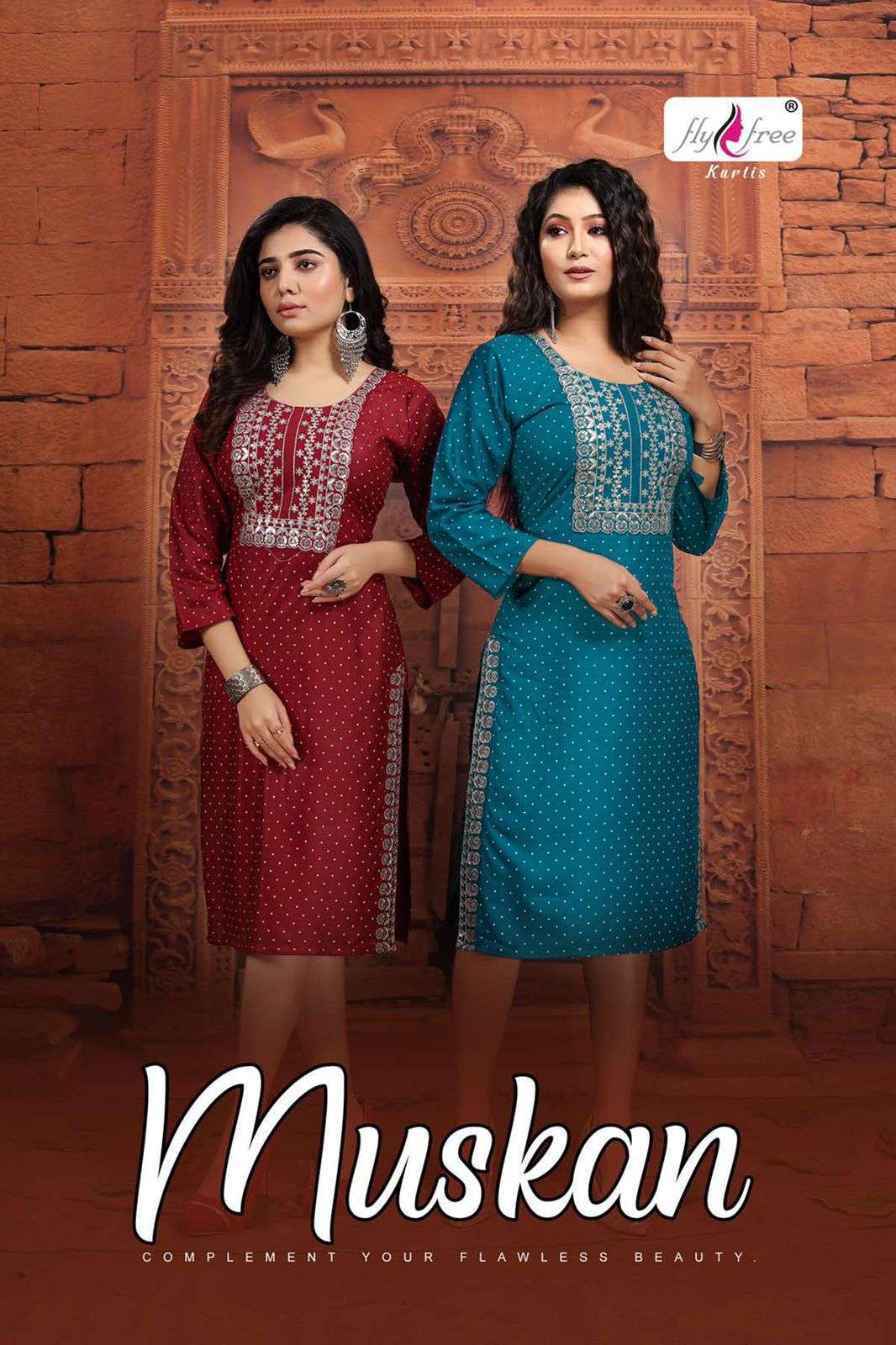 Fly Free Muskan Rayon with Work Readymade Kurtis Collection at Wholesale Rate