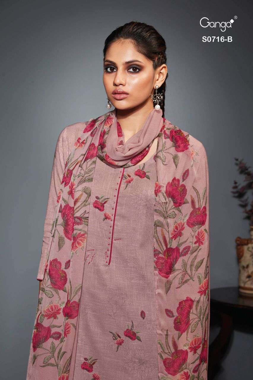 Ganga Nina 716 Premium Cotton Linen Printed With Handwork Dress Material at Wholesale Rate