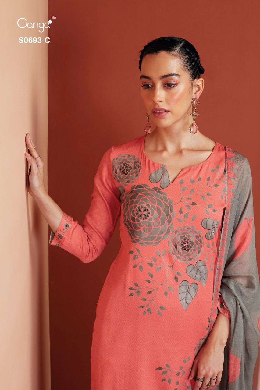 Ganga Tansy 693 Premium Cotton Satin Printed With Hand Crafted Embroidery Work Dress Material Collection Surat