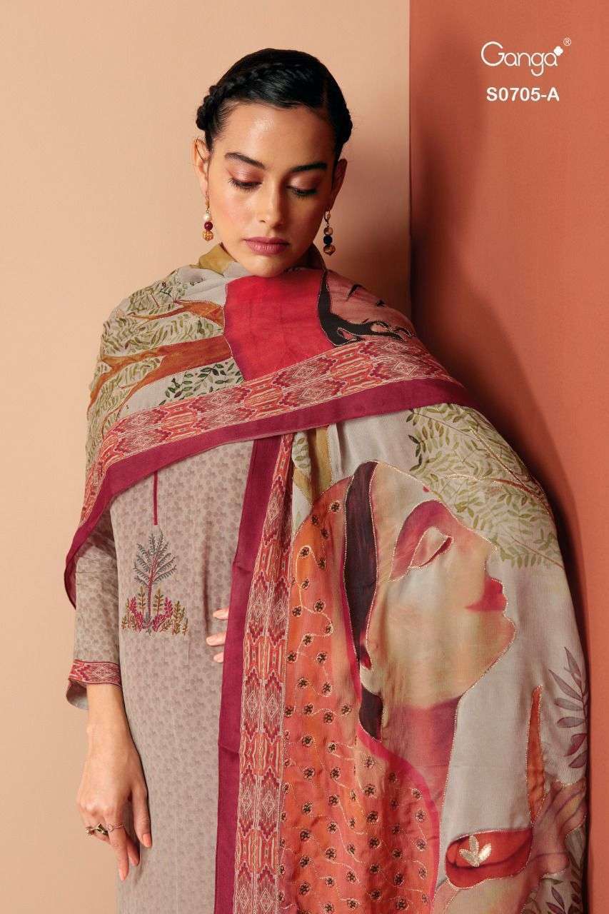 Ganga zanna 705 Premium Bemberg Crepe Printed With Embroidery work dress material at wholesale Rate 