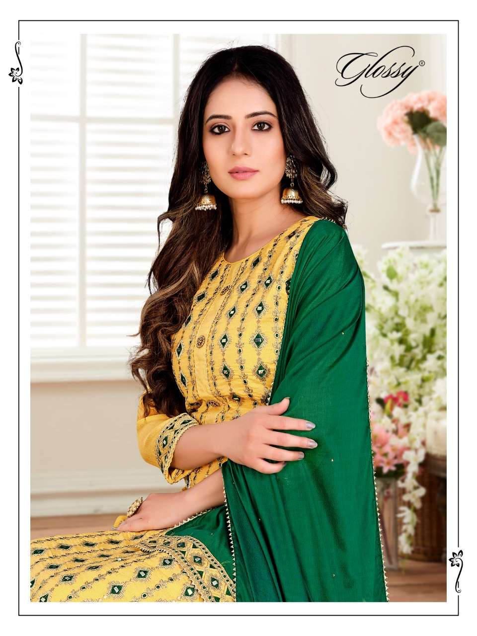 Glossy arsha chinon chiffon with work dress material collection surat 