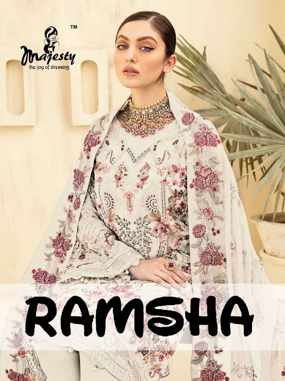 Majesty Ramsha Faux Georgette with Heavy Embroidery Work Pakistani Dress Material at Wholesale Rate