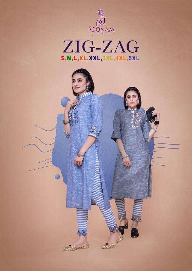 Poonam Designer Zig Zag Cotton with Work Readymade Kurtis with Pants at Wholesale Rate