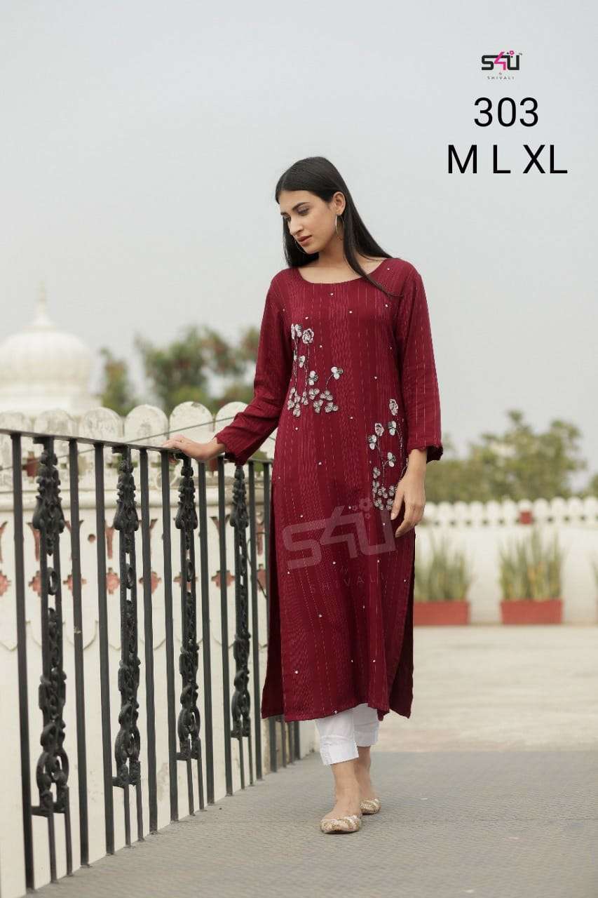 S4U Shivali 303 Fancy Fabric with Work Readymade Kurtis at Wholesale Rate