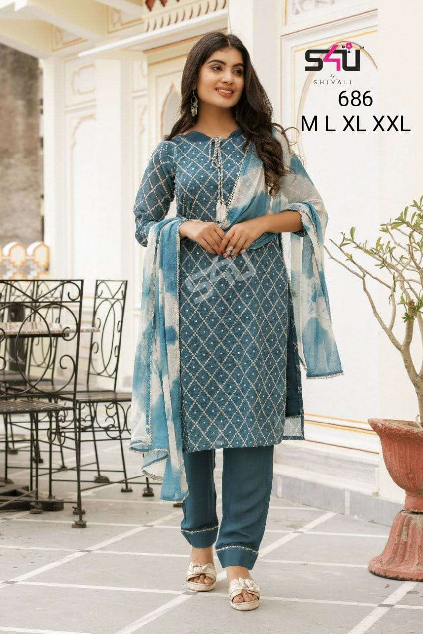 S4U shivali 686 Printed Fancy Fabric Readymade Top with Bottom and Dupatta at Wholesale Rate