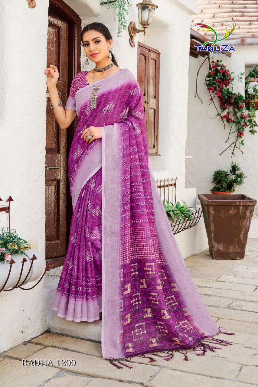 Tanuza Fashion Radha Digital Printed Linen Cotton Sarees Collection at Wholesale Rate