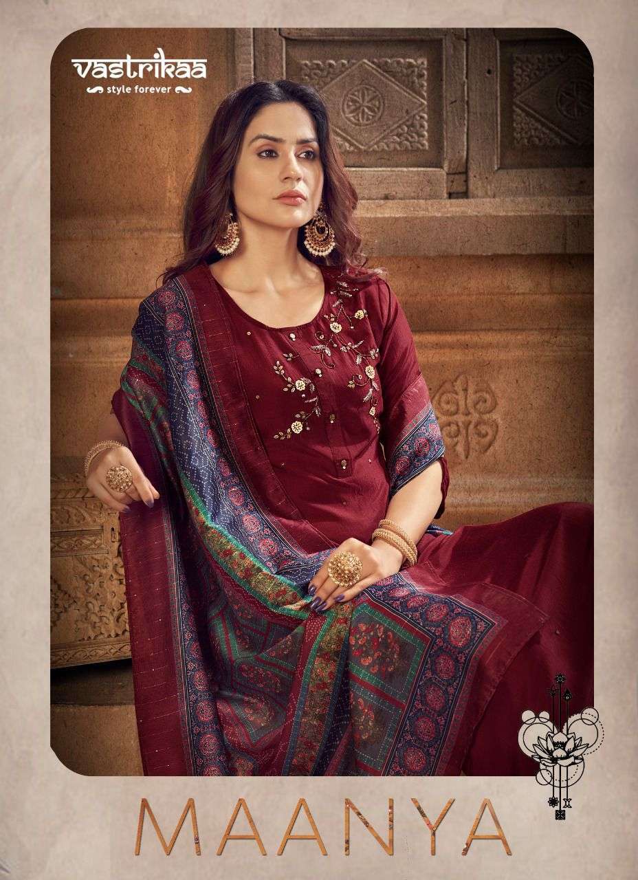 Vastrikaa Maanya Chinon Silk with Handwork Readymade Suits Collection at Wholesale Rate
