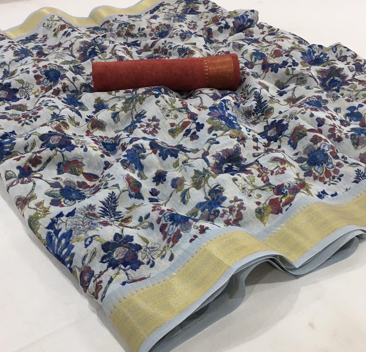 Lt Fabrics Nandini Floral Printed Soft Cotton Linen With Zari Border ...