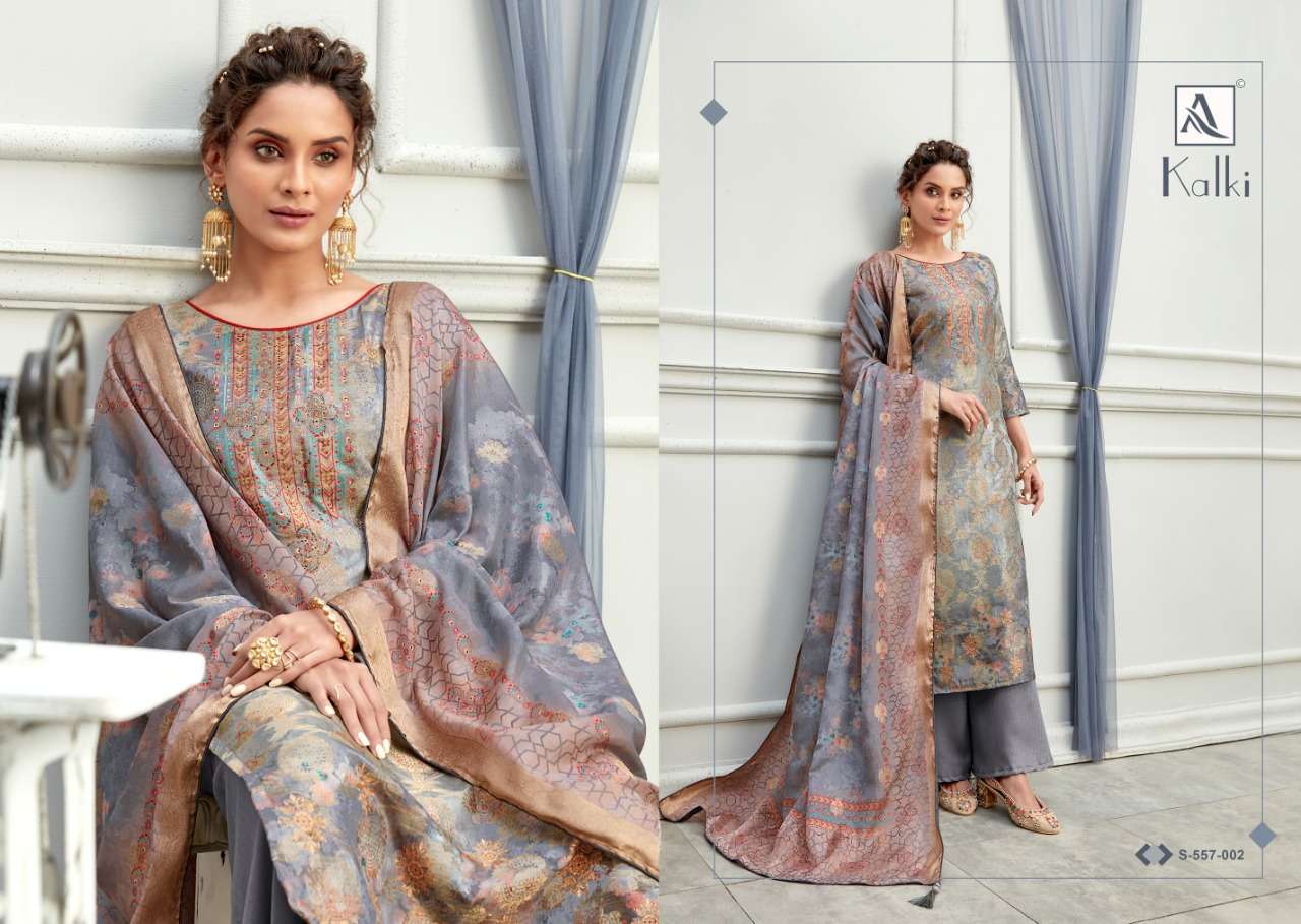 Alok suits kalki digital Printed banarasi jacquard with swarovski work dress material at wholesale Rate 