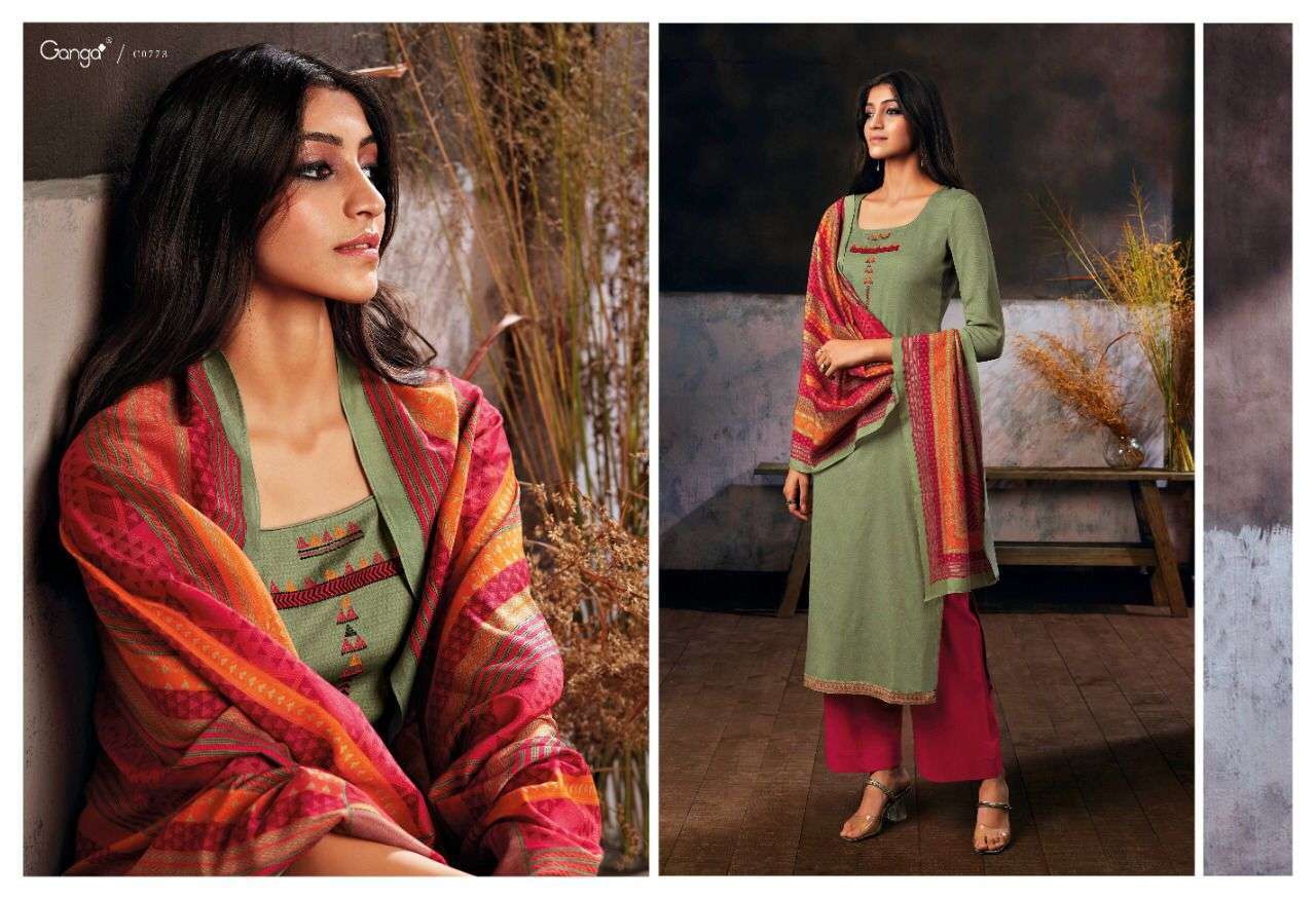 Ganga fashion hera printed silky cotton satin with embroidery work dress material at wholesale Rate 