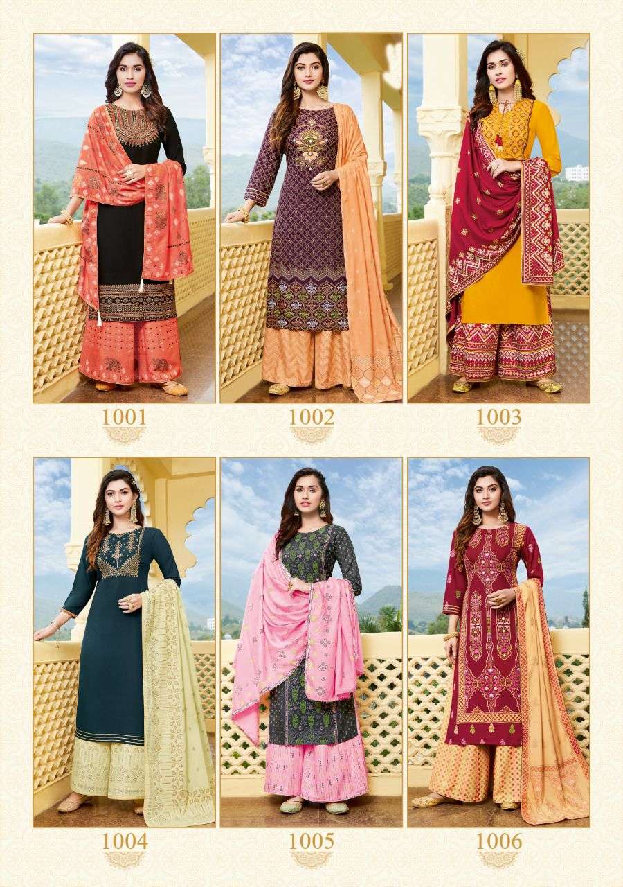 Kajal style gulzar vol 8 printed rayon with embroidery work readymade kurtis with bottom and dupatta at wholesale rate 