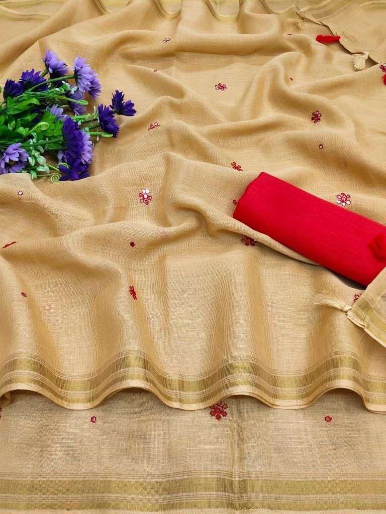 Linen florina with golden zari border saree collection