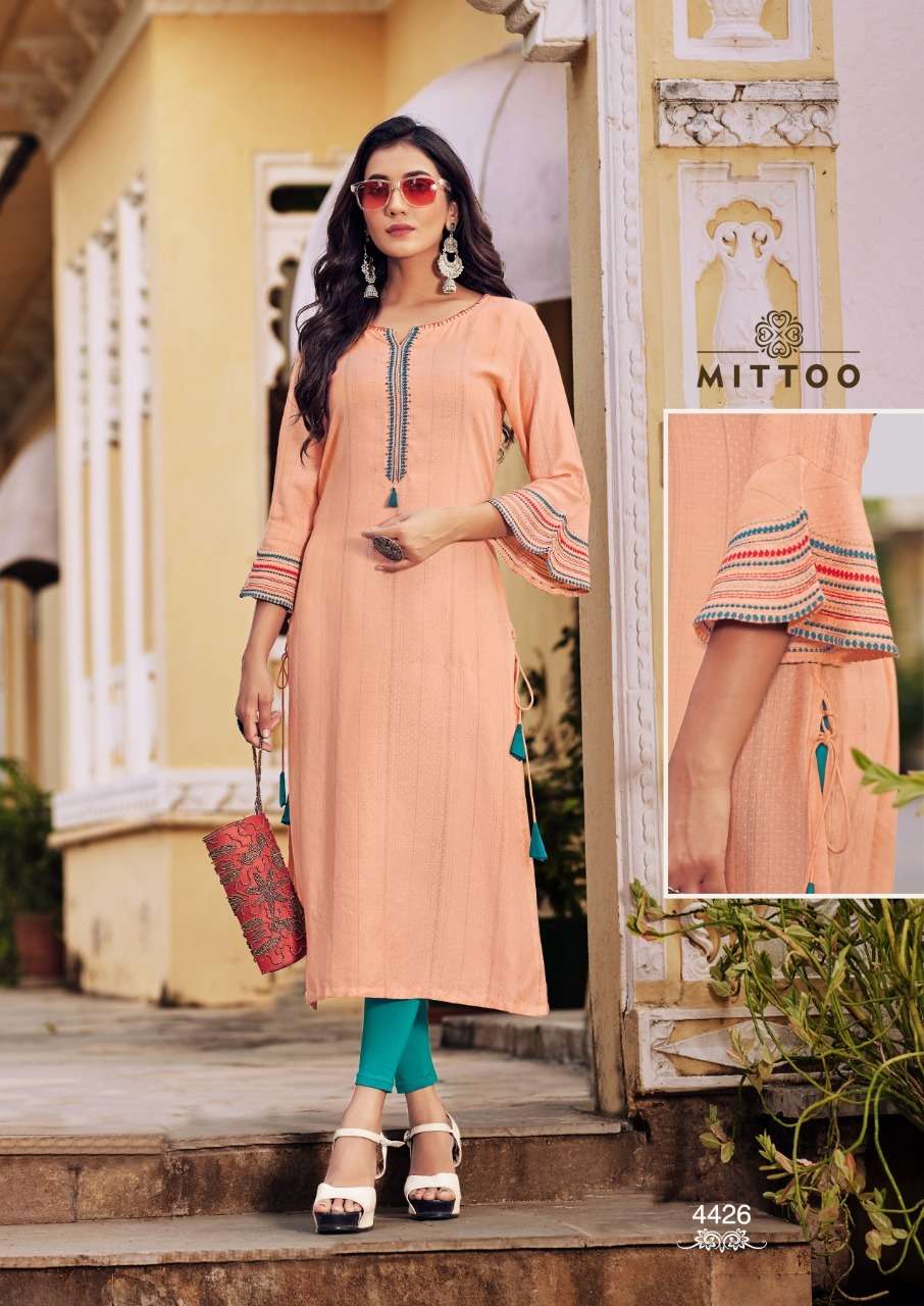 Mittoo mayurika vol 4 viscose with embroidery handwork readymade kurtis at wholesale Rate 