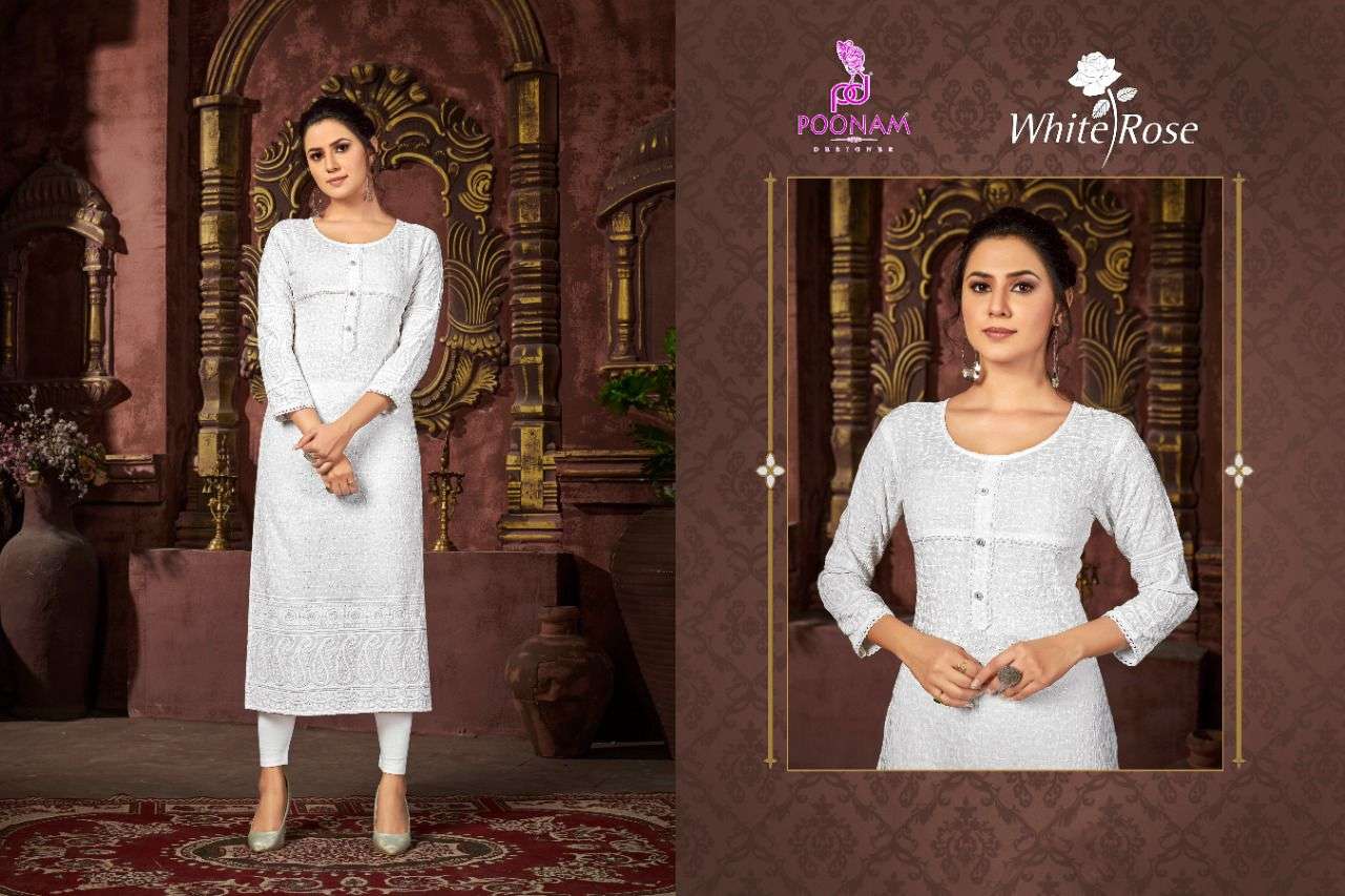Poonam Designer white rose Rayon with chiken sequnce work kurti collection