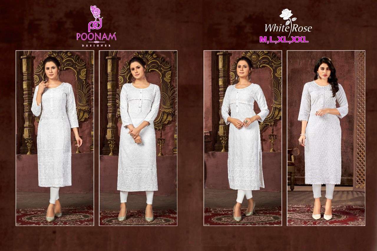Poonam Designer white rose Rayon with chiken sequnce work kurti collection